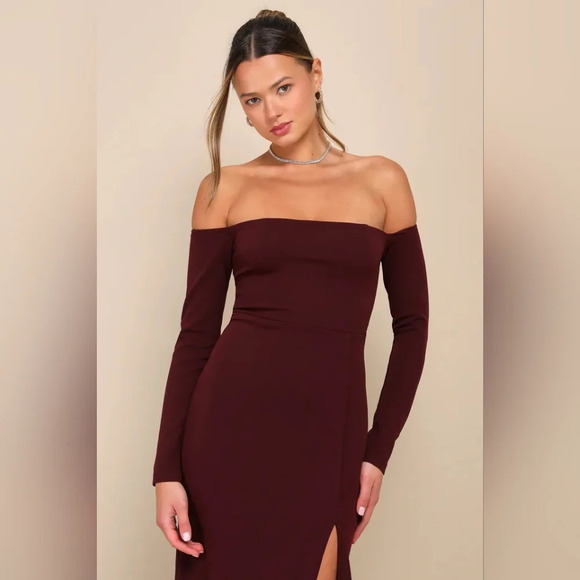 Lulus Alluring Sophistication Dark Plum Off-the-Shoulder Maxi Dress XL Wedding - Picture 3 of 9